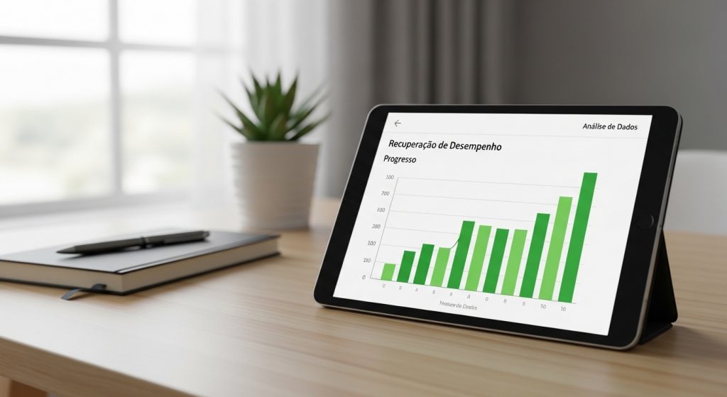 Tablet sobre uma mesa de madeira exibindo um gráfico de barras verdes intitulado "Recuperação de Desempenho". O gráfico mostra uma tendência de crescimento constante no progresso do aluno.
