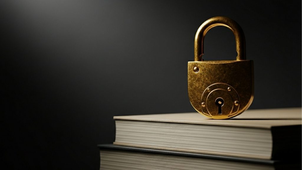 Um cadeado dourado fechado sobre uma pilha de livros jurídicos em um ambiente com iluminação dramática, simbolizando o bloqueio ou a chave para a aprovação em concursos.