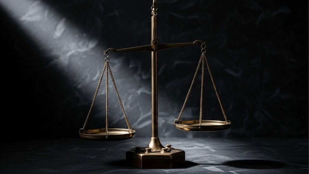 Balança da justiça de metal dourado em equilíbrio sob um feixe de luz lateral em fundo escuro, representando o direito e a preparação para concursos de tribunais.