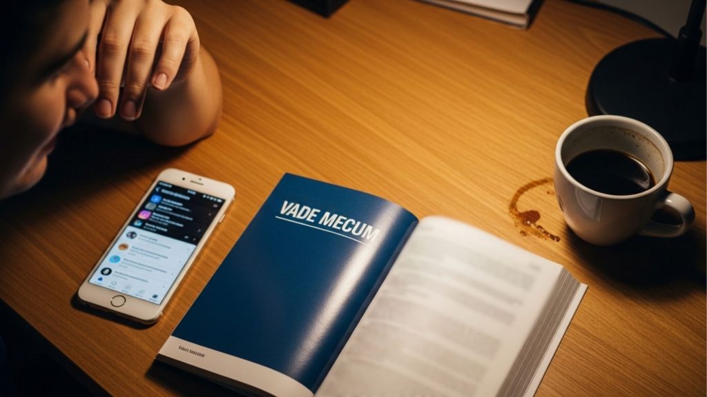 Fotografia em um ambiente com pouca luz, focada em uma mesa de madeira. No centro, há um livro grosso aberto, destacando uma página inteiramente azul com a inscrição "VADE MECUM" em letras brancas. À esquerda, a mão e parte do rosto de uma pessoa apoiada na mesa, olhando distraidamente para a tela iluminada de um smartphone com um aplicativo de mensagens ou redes sociais aberto. À direita, uma xícara de café preto e uma mancha circular de café derramado na madeira, simbolizando cansaço, desatenção ou procrastinação.