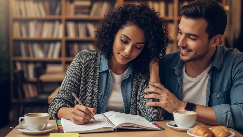 Fotografia de um casal estudando em um ambiente aconchegante, com estantes de livros desfocadas ao fundo. Uma jovem mulher de cabelos cacheados sorri levemente enquanto escreve em um caderno espiral. Ao lado dela, um jovem homem a observa com um sorriso afetuoso, com a mão apoiada gentilmente no braço dela, transmitindo companheirismo e apoio emocional. Sobre a mesa de madeira clara, há duas xícaras de café e um pequeno prato com croissants.
