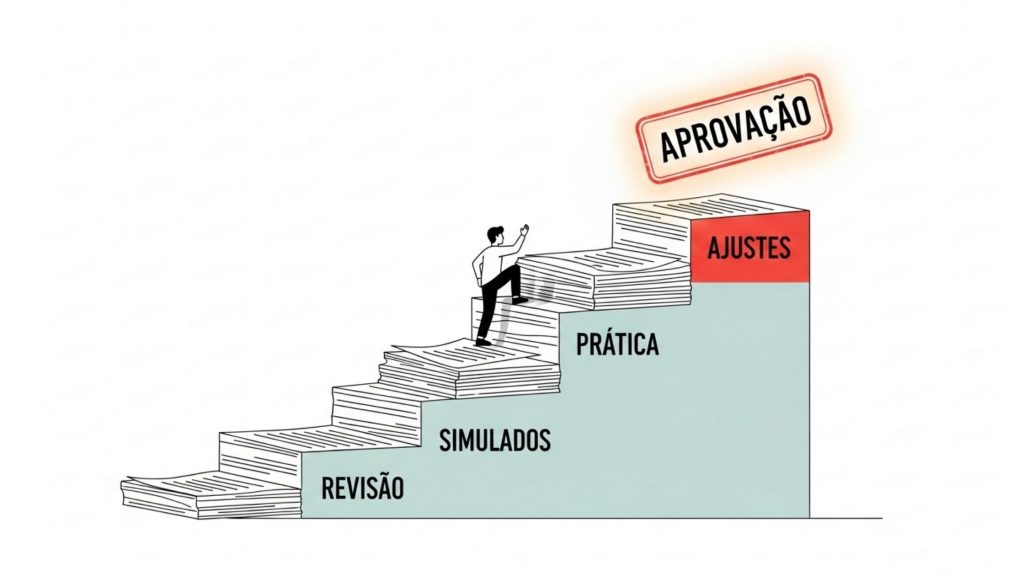 Ilustração com fundo branco mostrando uma escada em que cada degrau é formado por pilhas de papel. Os degraus estão nomeados de baixo para cima com as palavras: "REVISÃO", "SIMULADOS", "PRÁTICA", e o último degrau é um bloco vermelho sólido escrito "AJUSTES". Um pequeno personagem ilustrado de um homem está subindo a escada, com um pé no degrau de simulados e outro no de prática. Acima do topo da escada, flutua a imagem de um carimbo vermelho com um leve brilho ao redor, contendo a palavra "APROVAÇÃO".