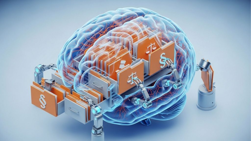 Ilustração digital de um cérebro humano transparente funcionando como um arquivo organizado. Braços robóticos manipulam pastas laranjas que contêm símbolos jurídicos como a balança da justiça e o ícone de parágrafo (§), representando a organização mental e memorização de leis.