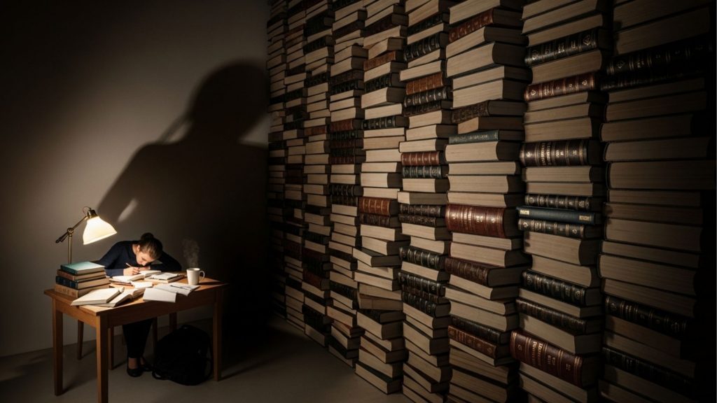 Uma mulher estuda concentrada em uma mesa iluminada por uma luminária em um ambiente escuro. Ao lado dela, há uma parede monumental feita inteiramente de pilhas de livros antigos, simbolizando o vasto volume de conteúdo jurídico e a dedicação ao estudo intensivo.