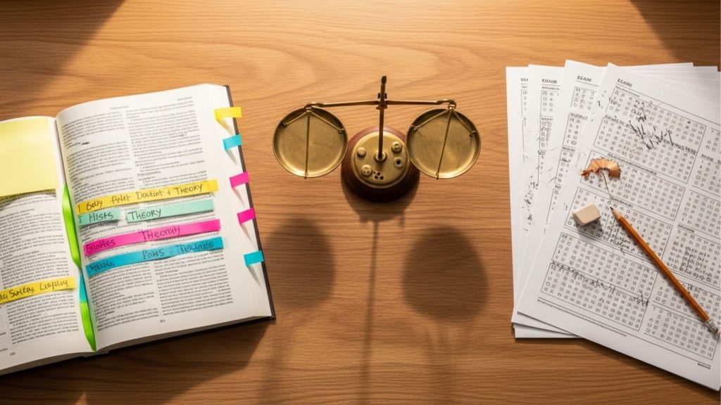 Uma fotografia vista de cima (flat-lay) de uma mesa de trabalho de madeira. À esquerda, um grande livro de direito aberto, repleto de texto denso, com abas de marcadores coloridos e notas adesivas manuscritas com termos como "Teoria da...", "Histórico..." e "Fatos da...". No centro, uma balança de justiça de latão polido está posicionada perfeitamente equilibrada sobre a mesa. À direita, uma pilha de folhas de exames de direito (com a palavra "EXAMES" visível) cheias de anotações manuscritas, marcas de verificação e rabiscos. Ao lado das folhas, há uma borracha pequena, um lápis curto e a ponta de um lápis, sugerindo uma sessão de estudos ativa e de resolução de questões. O equilíbrio da balança simboliza a necessidade de equilibrar a teoria e a prática.