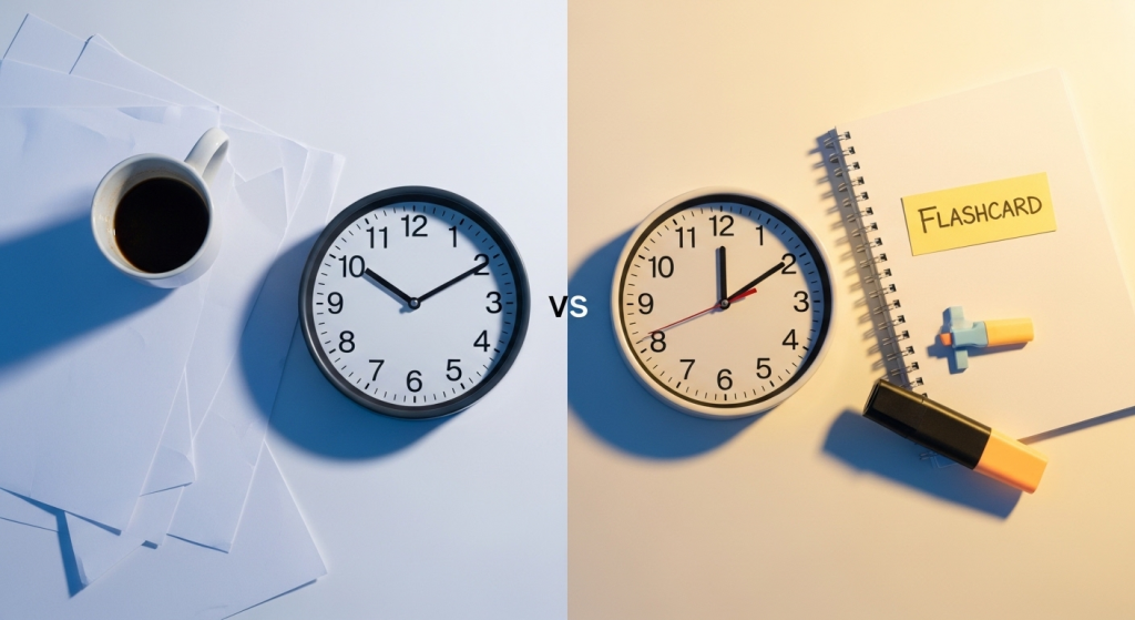 Uma imagem de comparação visual dividida verticalmente. O lado esquerdo tem um fundo cinza-azulado calmo e mostra um relógio de parede redondo com moldura cinza, marcando 10:09, ao lado de uma xícara de café preto em um pires e uma pilha amassada de folhas de papel em branco. O lado direito tem um fundo creme-amarelado quente e vibrante, mostrando um relógio de parede redondo idêntico com moldura branca, marcando 12:05. Abaixo deste relógio, há um caderno de anotações com espiral e uma folha de flashcard amarela com a palavra "FLASHCARD" escrita à mão, junto com acessórios de estudo: duas borrachas coloridas e um marcador de texto laranja. A letra minúscula "vs" está posicionada no centro, entre os dois relógios, realçando a comparação de métodos e tempo de estudo.