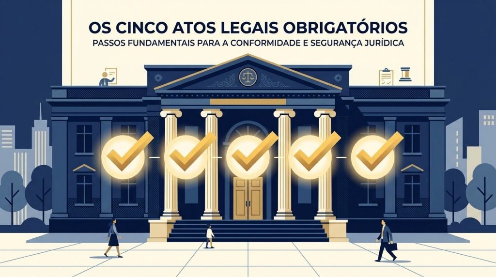 Ilustração de um prédio de tribunal clássico com cinco círculos dourados contendo ícones de "check" à frente. O título superior diz: "Os cinco atos legais obrigatórios: passos fundamentais para a conformidade e segurança jurídica".
