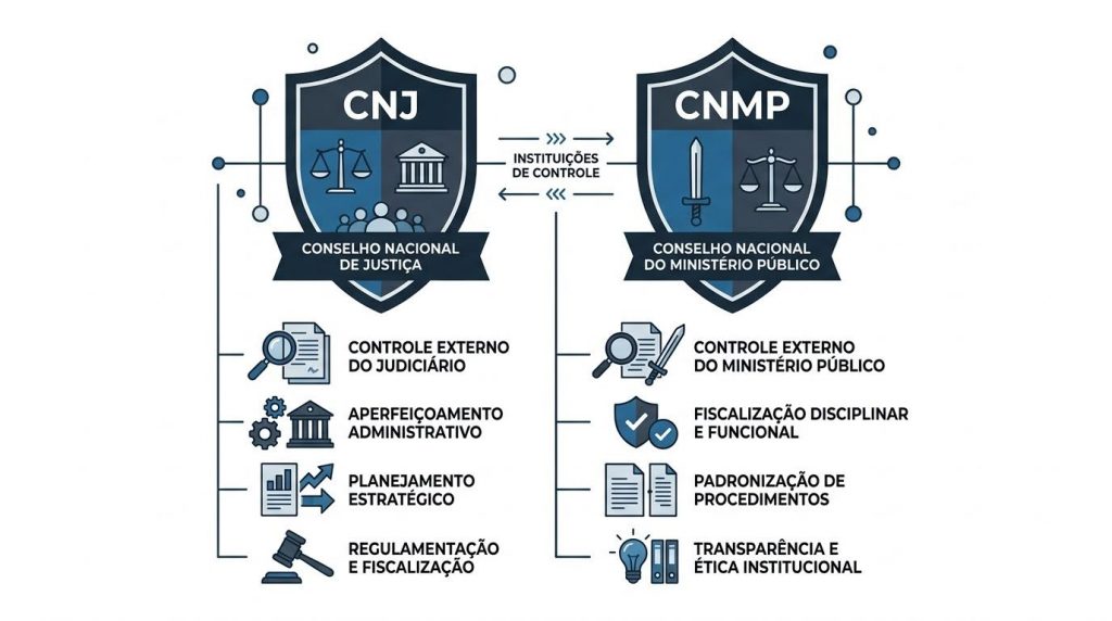 Comparativo entre o CNJ (Conselho Nacional de Justiça) e o CNMP (Conselho Nacional do Ministério Público). O CNJ foca em controle externo do Judiciário e planejamento estratégico; o CNMP foca em controle externo do MP e fiscalização disciplinar.