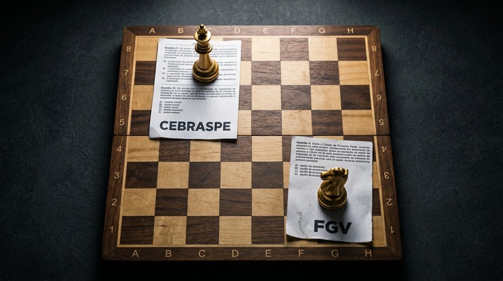 Tabuleiro de xadrez de madeira com duas peças douradas: um rei posicionado sobre um papel com o logotipo da banca Cebraspe e um cavalo sobre um papel com o logotipo da FGV. Representação estratégica da disputa entre as principais bancas examinadoras de concursos.