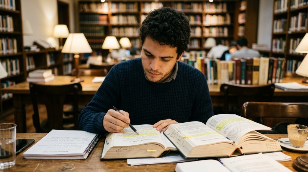 Estudante de concurso concentrado em uma biblioteca, utilizando marca-texto amarelo para grifar um livro jurídico grosso sobre uma mesa de madeira. Ao fundo, estantes repletas de livros e iluminação ambiente de luminárias clássicas.