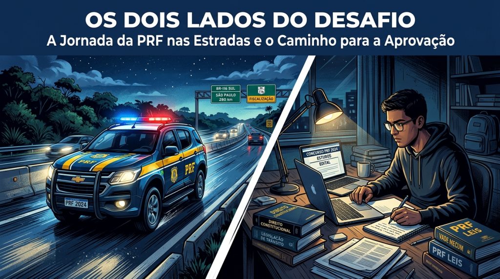 Ilustração dividida comparando o trabalho e a preparação para a PRF. À esquerda, uma viatura em patrulha noturna na rodovia BR-116. À direita, um estudante concentrado em sua mesa com livros de Direito Constitucional e Legislação de Trânsito.