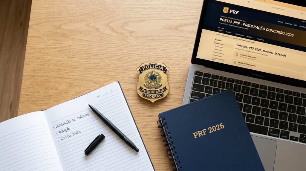 lanejamento de estudos para o Concurso PRF 2026 sobre mesa de madeira. Inclui notebook aberto no portal de preparação, distintivo da Polícia Rodoviária Federal, caderno com anotações de Legislação de Trânsito e Redação, e caneta preta.