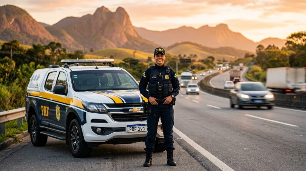 Policial feminina da PRF sorridente em pé ao lado de uma viatura Chevrolet Trailblazer caracterizada em uma rodovia brasileira ao pôr do sol. Ao fundo, montanhas e fluxo de veículos.