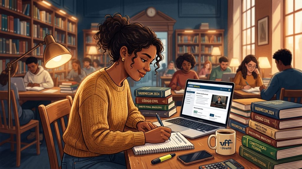 Ilustração de uma estudante negra estudando em uma biblioteca com pilhas de livros jurídicos como Vade Mecum e Código Civil. Ela utiliza um notebook com a logo Juris Brasil, vestindo um casaco amarelo, em um ambiente de estudo focado.