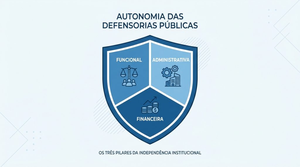 nfográfico em formato de escudo azul detalhando a autonomia das Defensorias Públicas em três pilares: Funcional (ícone de balança e pessoas), Administrativa (ícone de engrenagens e prédios) e Financeira (ícone de moedas e gráfico).
