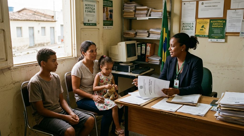 Defensora pública negra em atendimento presencial a uma mulher e duas crianças em uma sala de escritório simplificada. Ao fundo, cartazes com a frase "Acesso à Justiça é Direito" e a bandeira do Brasil, reforçando o papel social da instituição.