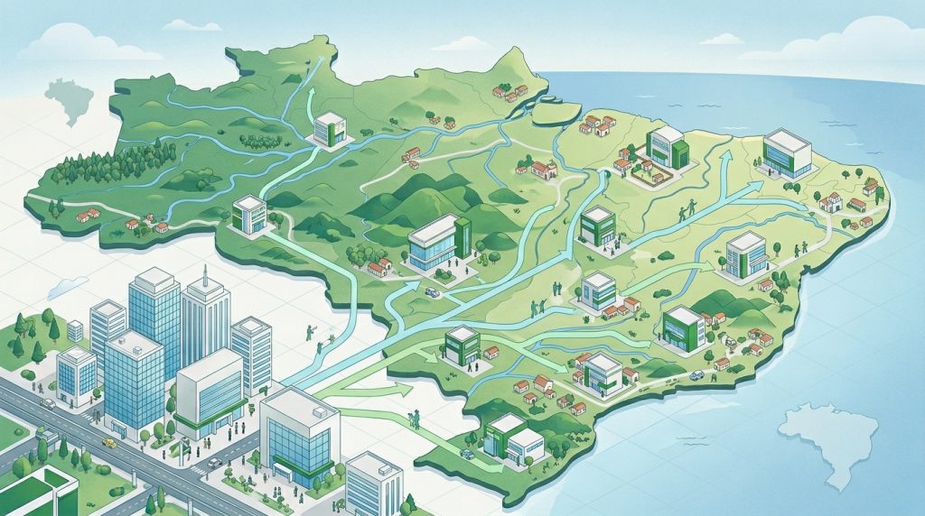 Infográfico isométrico do mapa do Brasil destacando a interiorização da Defensoria Pública. Setas verdes conectam grandes centros urbanos a pequenos prédios institucionais em diversas regiões do país, simbolizando o alcance da assistência jurídica gratuita.