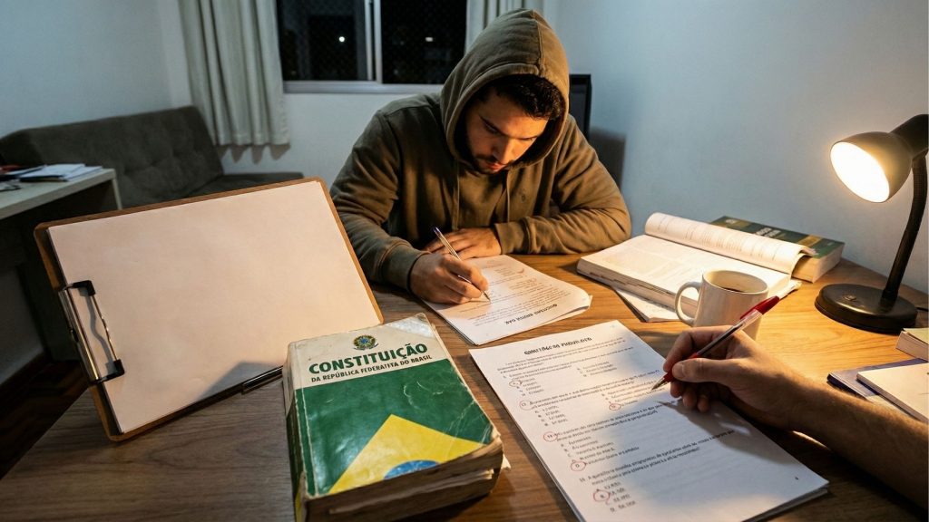 Um estudante de Direito, vestindo um moletom com capuz, está sentado em uma mesa de madeira à noite, imerso nos estudos. Ele escreve concentrado em folhas de questões de provas anteriores da OAB e do ENAM. À sua frente, em destaque, está um exemplar da Constituição Federal do Brasil com capa verde e amarela, visivelmente usado. Sobre a mesa, há também um caderno aberto, uma luminária de mesa acessa que ilumina os papéis e uma caneca branca com café.