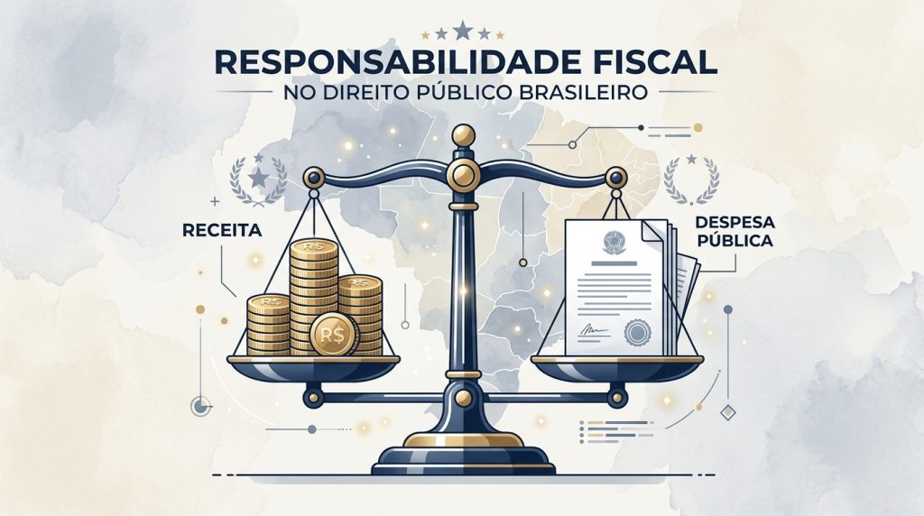 Infográfico sobre Responsabilidade Fiscal no Direito Público brasileiro, apresentando uma balança equilibrando moedas de Real (Receita) e documentos oficiais (Despesa Pública).