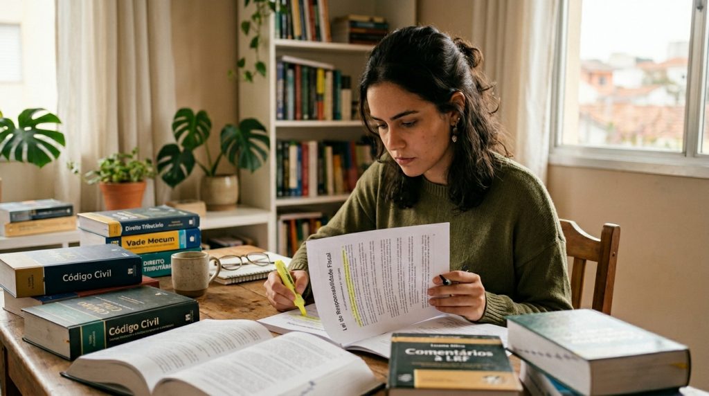 Estudante de Direito concentrada lendo a Lei de Responsabilidade Fiscal (LRF) em uma mesa com livros de Código Civil, Vade Mecum e Direito Tributário.