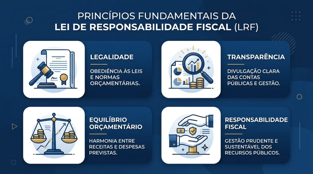 Infográfico detalhando os princípios fundamentais da LRF: Legalidade, Transparência, Equilíbrio Orçamentário e Responsabilidade Fiscal, com ícones ilustrativos para cada conceito.