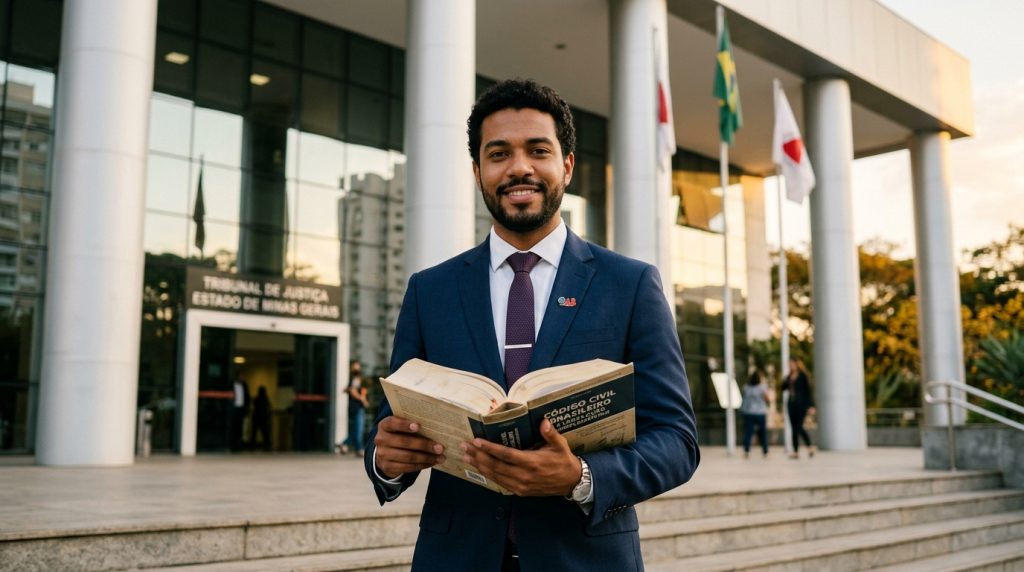 Foto de um homem negro sorridente, vestindo um terno azul-marinho, camisa branca e gravata bordô, em pé nas escadarias da entrada de um edifício público moderno. Ele segura um livro jurídico aberto com as duas mãos, onde se lê "CÓDIGO CIVIL BRASILEIRO" na capa desfocada. Atrás dele, há colunas imponentes e grandes janelas de vidro. Uma placa na parede identifica o local como "TRIBUNAL DE JUSTIÇA ESTADO DE MINAS GERAIS". Três bandeiras, incluindo a do Brasil e a de Minas Gerais, estão hasteadas ao fundo.