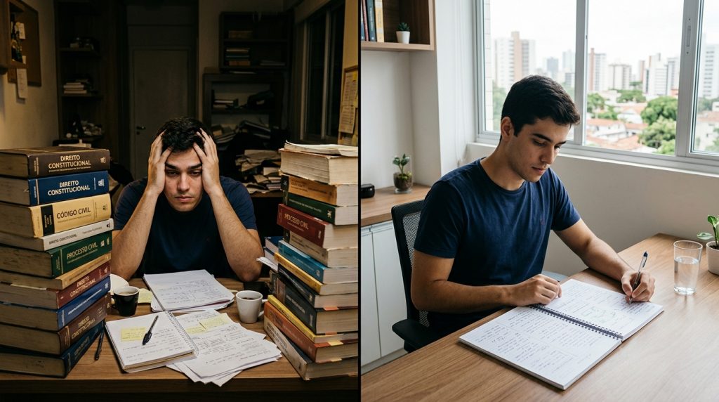 Uma imagem comparativa de painel duplo mostrando um estudante de Direito em dois cenários diferentes. O painel esquerdo exibe o jovem sentado em uma escrivaninha bagunçada e escura, com as mãos na cabeça em desespero, cercado por duas pilhas altíssimas de livros grossos com títulos visíveis como "DIREITO CONSTITUCIONAL", "CÓDIGO CIVIL" e "PROCESSO CIVIL". O painel direito mostra o mesmo estudante em um ambiente de estudo organizado e bem iluminado ao lado de uma janela, focado e escrevendo calmamente em um caderno de espiral com uma caneta.
