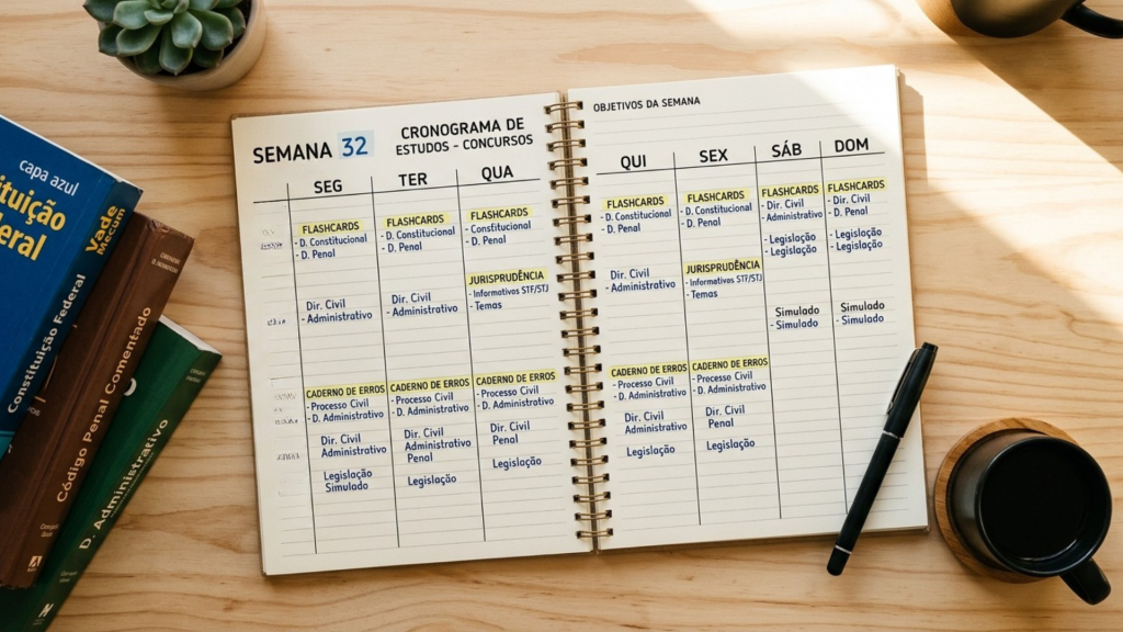 Planejador semanal aberto mostrando cronograma de estudos para concursos jurídicos, com blocos dedicados a flashcards de Direito Civil, Penal e Administrativo.