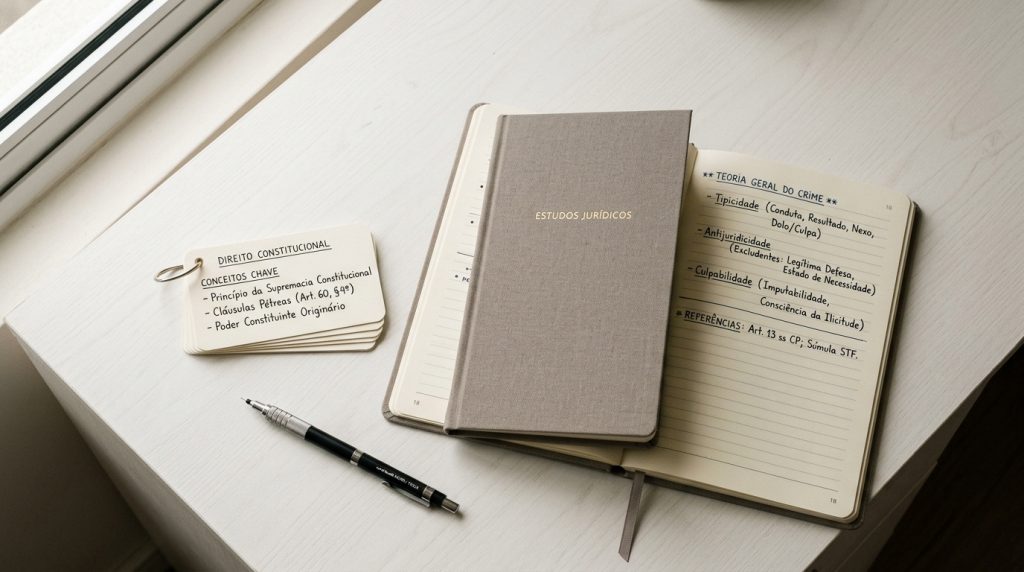 Mesa de estudos com caderno aberto em "Teoria Geral do Crime" e um bloco de flashcards de "Direito Constitucional" detalhando Cláusulas Pétreas e Poder Constituinte.