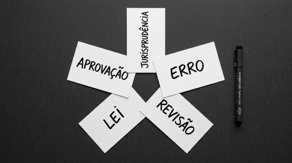 Cinco cartões brancos organizados em círculo sobre fundo preto com as palavras: Aprovação, Jurisprudência, Erro, Revisão e Lei, escritos à caneta.