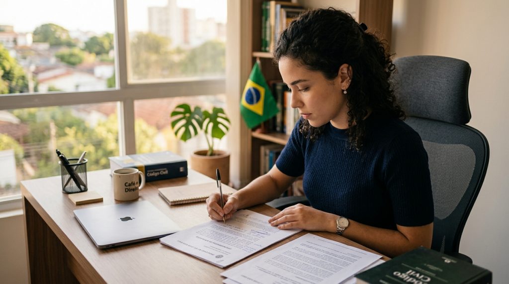 Estudante de Direito redigindo notas em uma mesa organizada com notebook, café e o livro Código Civil. Ao fundo, uma janela iluminada e uma pequena bandeira do Brasil na estante de livros.