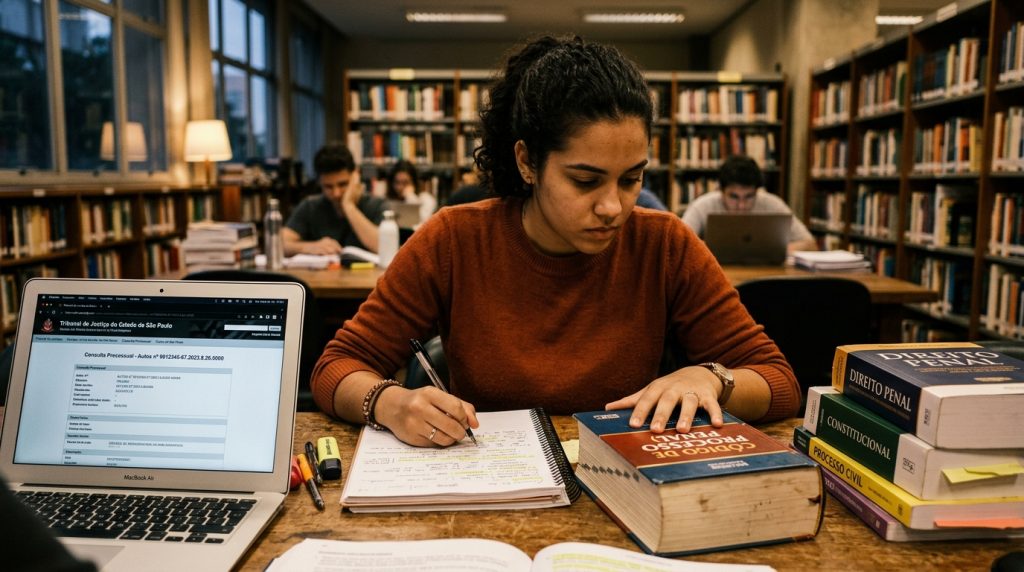 Mulher estudando em uma biblioteca, concentrada ao escrever em um caderno. À sua frente, um notebook aberto no site do Tribunal de Justiça de São Paulo e uma pilha de livros jurídicos como Direito Penal e Processo Civil.