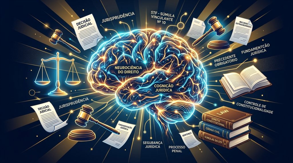 Ilustração conceitual de um cĂ©rebro humano iluminado conectado a Ăcones jurĂdicos como martelo de juiz, balança da justiça e termos como "Cognição JurĂdica" e "Precedente ObrigatĂłrio".