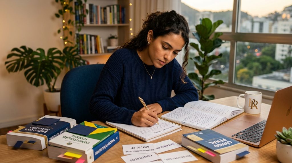 Mulher estudando Direito de forma organizada, escrevendo em um caderno ao lado de livros da Constituição Federal e Código Penal, utilizando cartÔes de memorização (flashcards).