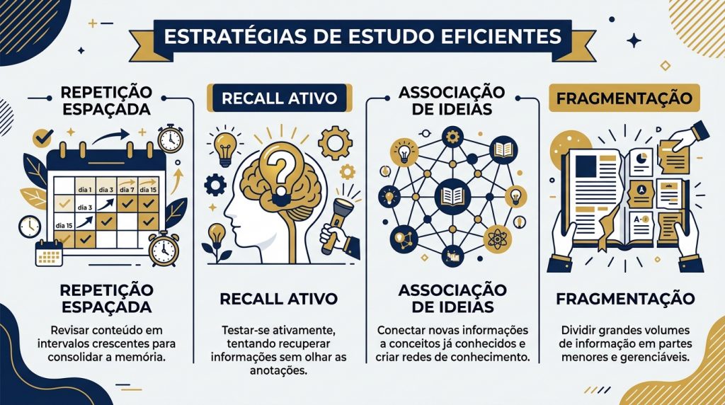InfogrĂĄfico sobre estratĂ©gias de estudo eficientes, detalhando os mĂ©todos de Repetição Espaçada, Recall Ativo, Associação de Ideias e Fragmentação de conteĂșdo.