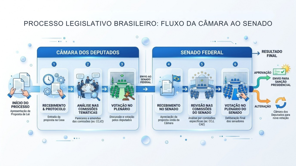 Diagrama do fluxo do processo legislativo brasileiro mostrando as etapas de votação da PEC entre a Câmara dos Deputados e o Senado Federal.
