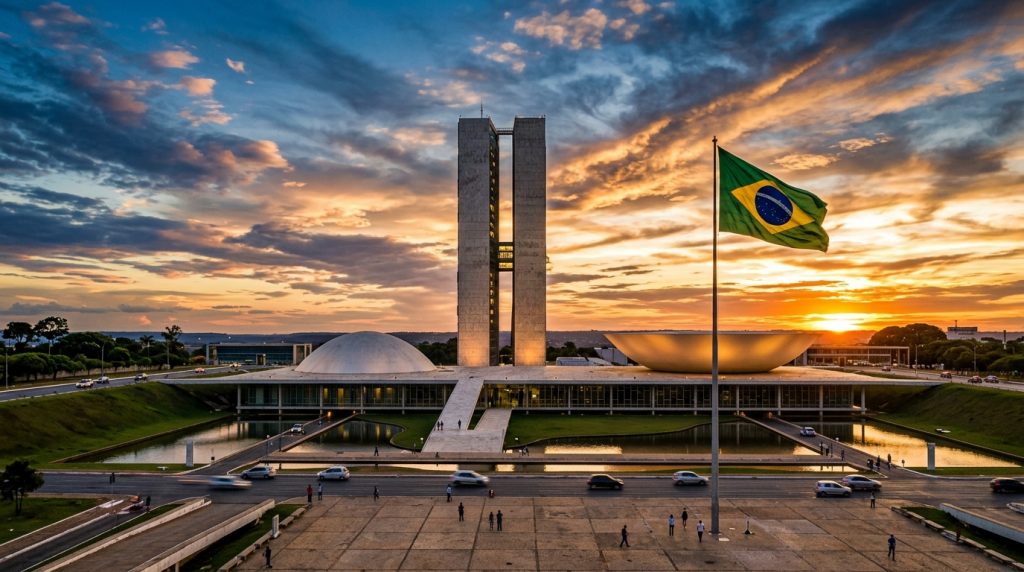 Fachada do Congresso Nacional em Brasília durante o pôr do sol com a bandeira do Brasil em destaque, simbolizando o processo legislativo da PEC.