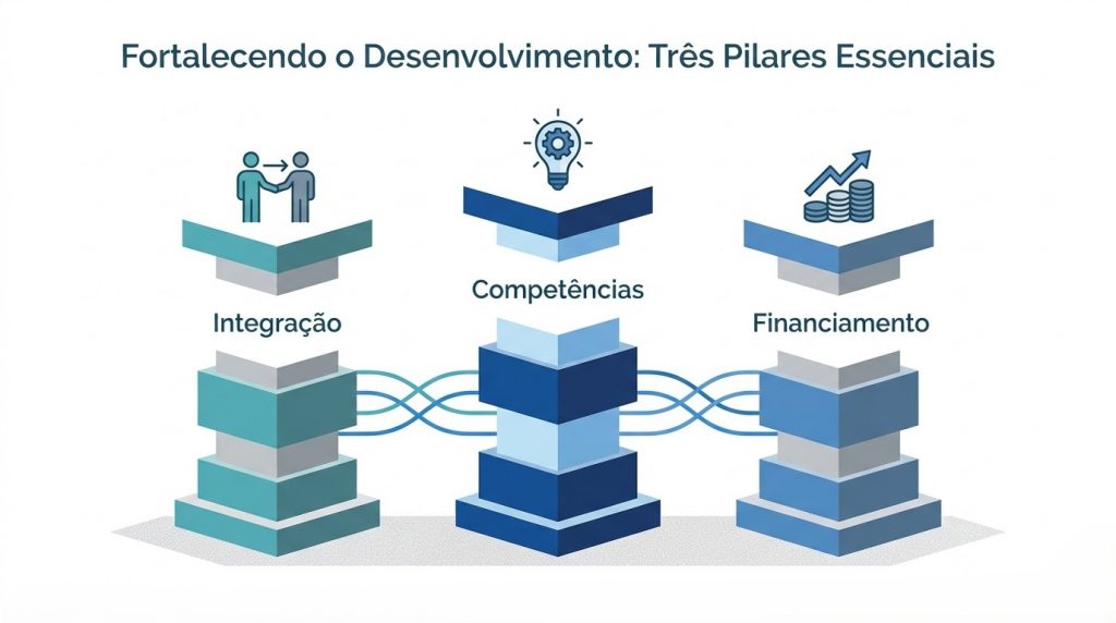 Infográfico apresentando os três pilares da PEC da Segurança Pública: Integração, Competências e Financiamento, representados por colunas conectadas.