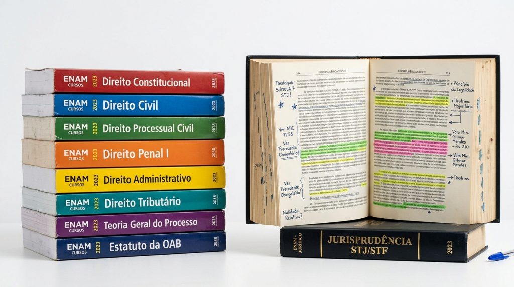 Pilha de livros coloridos de cursos ENAM 2023 sobre Direito Constitucional, Civil, Penal e Administrativo, ao lado de um livro aberto de Jurisprudência STJ e STF com anotações manuscritas.
