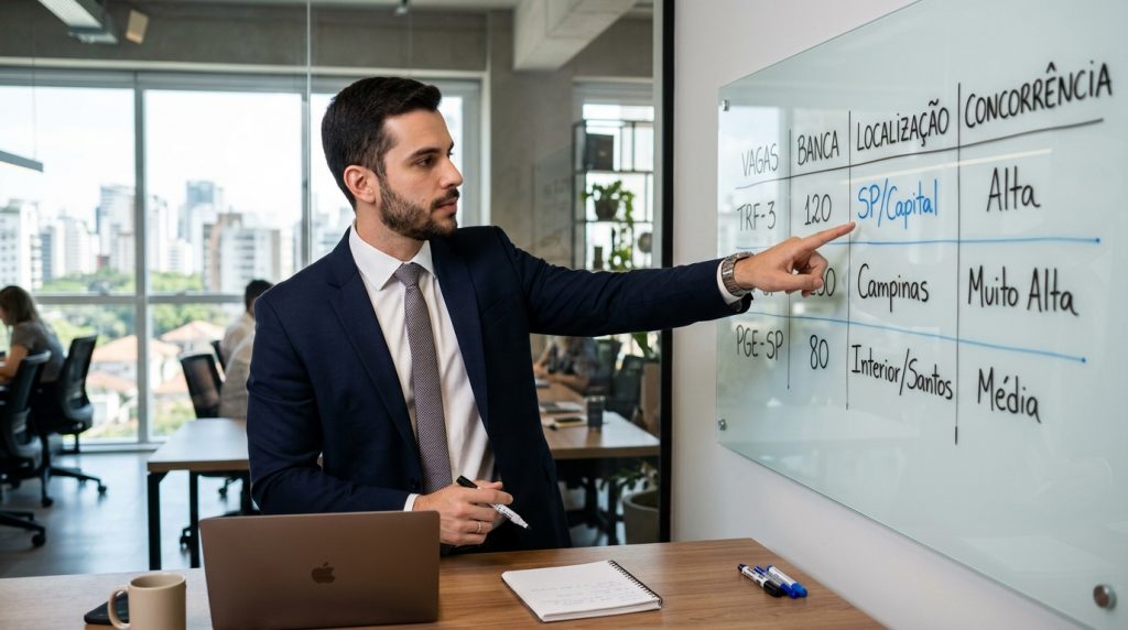 Homem em escritório apontando para quadro branco com tabela de concursos jurídicos, listando vagas para TRF-3 e PGE-SP, análise de concorrência e localização.
