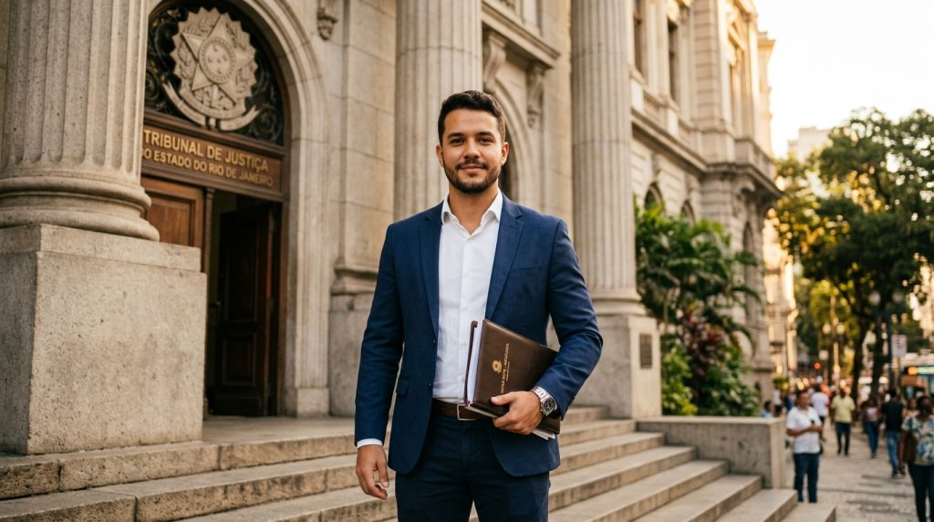 Advogado sorridente em traje social segurando pasta de processos em frente à fachada clássica do Tribunal de Justiça do Estado do Rio de Janeiro (TJRJ).