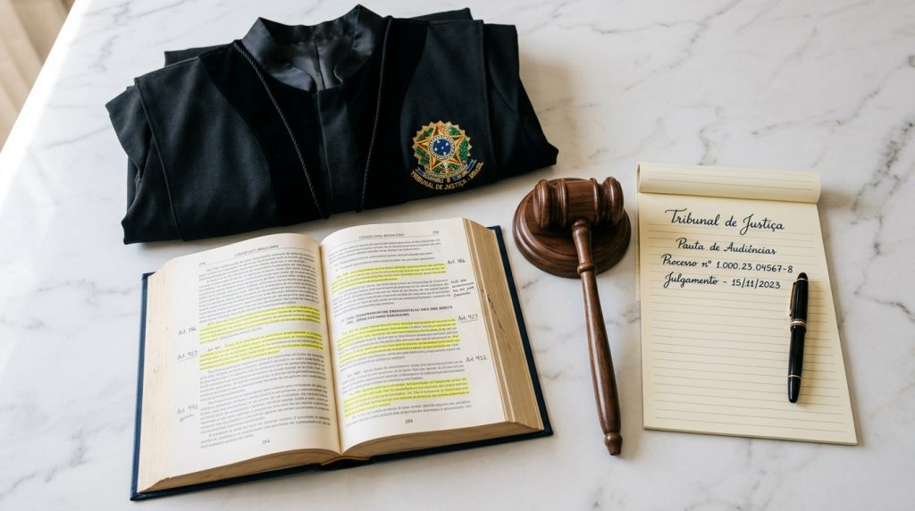 Mesa de mármore com beca de juiz com brasão do Tribunal de Justiça, martelo de madeira (malhete), código jurídico aberto com marcações em destaque e bloco de notas com pauta de audiência.