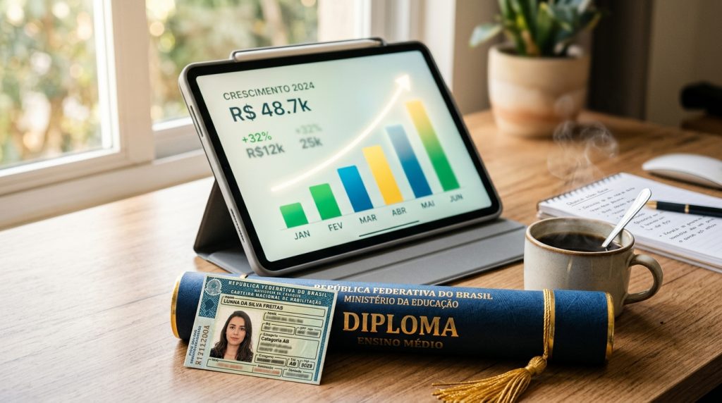 Fotografia de uma mesa de madeira prĂłxima a uma janela clara. Em destaque no centro, um tablet exibe um gráfico de barras ascendente com o tĂtulo "CRESCIMENTO 2024". Em primeiro plano, repousa um diploma de Ensino MĂ©dio enrolado em um canudo azul com letras douradas e um pingente (tassel). Apoiada no diploma, está uma Carteira Nacional de Habilitação (CNH) brasileira com a foto de uma mulher chamada "Lunna da Silva Freitas", indicando a categoria AB. Ă€ direita, há uma caneca de cafĂ© fumegante, um caderno de anotações aberto e uma caneta.