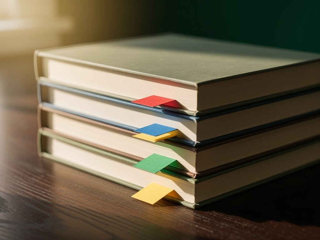 livros jurídicos fechados empilhados sobre superfície de madeira escura com marcadores coloridos entre as páginas