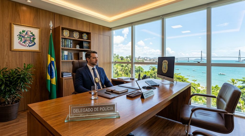 Fotografia de um delegado de polícia sentado em seu gabinete oficial em Vitória, Espírito Santo. O homem veste terno azul-marinho com um distintivo no peito e está atrás de uma mesa de madeira imponente com uma placa de vidro escrita "DELEGADO DE POLÍCIA". Ao fundo, uma ampla janela de vidro oferece uma vista paradisíaca do mar e da Terceira Ponte. No escritório, veem-se a bandeira do Brasil, o brasão do estado do Espírito Santo e uma estante com livros jurídicos e distintivos.