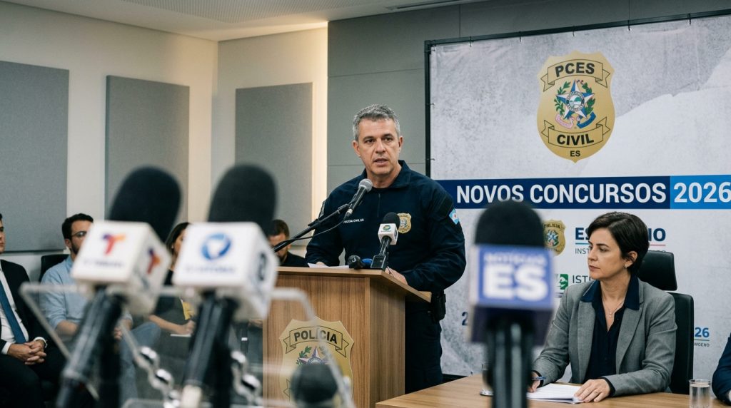 Um policial uniformizado discursa em um púlpito durante uma coletiva de imprensa sobre segurança pública. Ao fundo, um painel exibe o logotipo da Polícia Civil do Espírito Santo (PCES) e a frase em destaque "NOVOS CONCURSOS 2026". Em primeiro plano, microfones de diversas emissoras aparecem desfocados. Uma mulher em traje formal acompanha o anúncio sentada ao lado do palestrante.