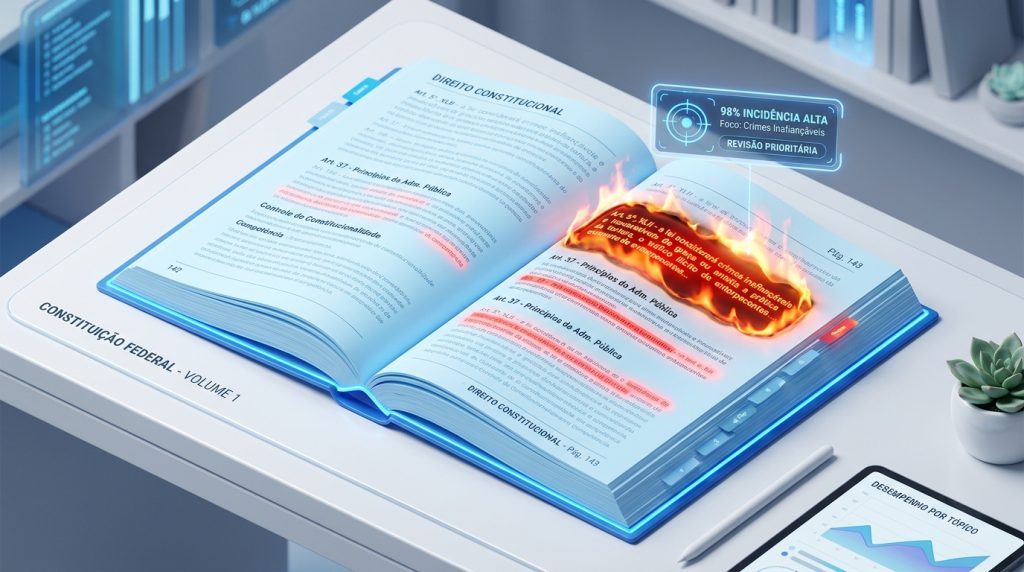 Imagem digital conceitual mostrando um livro jurídico aberto sobre uma mesa branca, intitulado "CONSTITUIÇÃO FEDERAL - VOLUME 1". Na página direita, focada em "DIREITO CONSTITUCIONAL", um parágrafo inteiro está em chamas virtuais brilhantes nas cores laranja e amarelo. Acima do fogo, flutua um painel holográfico azul neon com um ícone de alvo e os dizeres "98% INCIDÊNCIA ALTA - Foco: Crimes Inafiançáveis - REVISÃO PRIORITÁRIA". No canto inferior direito da mesa, há uma caneta digital e parte de um tablet exibindo um gráfico com o título "DESEMPENHO POR TÓPICO".
