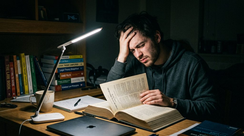 Fotografia em ambiente escuro de um jovem estudante visivelmente exausto e frustrado. Ele está sentado em uma mesa de madeira, iluminado apenas por uma fina luminária de mesa em formato de barra de LED. Com uma mão, ele apoia a cabeça, de olhos fechados e expressão de cansaço, enquanto a outra mão segura as páginas de um grosso livro aberto à sua frente. À esquerda, há uma alta pilha de livros coloridos, um caderno de espiral e uma caneca branca. Um relógio digital ao fundo, na penumbra, marca "3:46". Na frente do livro, um notebook fechado repousa sobre a mesa.