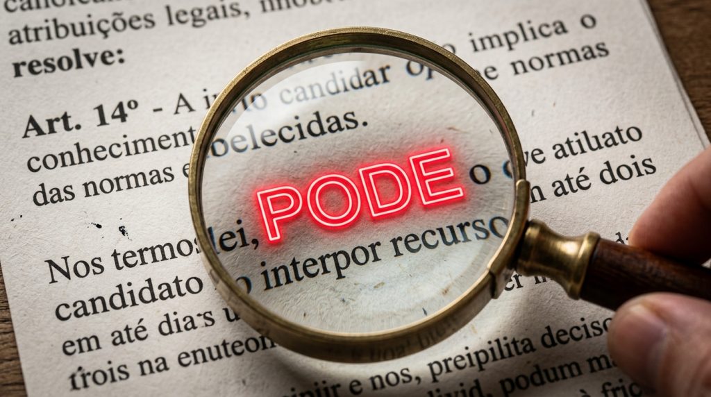 Fotografia em close-up de uma mão segurando uma lupa clássica, de aro dourado e cabo de madeira, sobre um documento impresso (um texto de lei ou edital). A lente da lupa foca na palavra "PODE", que aparece destacada em brilhantes letras de neon vermelho, saltando do papel. O texto ao redor, levemente desfocado, contém termos como "Art. 14º", "conhecimento", "candidato" e "recurso".
