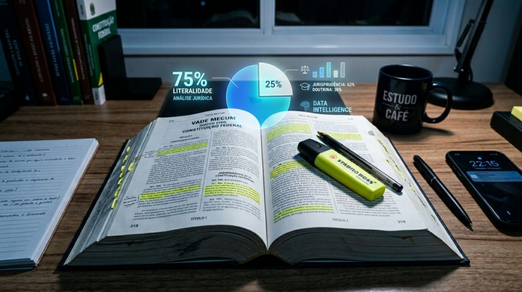 Fotografia de uma mesa de estudos noturna com um Vade Mecum grosso e aberto no centro. Pairando holograficamente sobre as páginas do livro, há um gráfico de pizza luminoso em tons de ciano e azul. O gráfico exibe "75% LITERALIDADE - ANÁLISE JURÍDICA" e uma fatia de "25%" detalhada por ícones ao lado como "JURISPRUDÊNCIA: 62%, DOUTRINA: 38%" sob o selo "DATA INTELLIGENCE". Sobre o livro estão um marca-texto amarelo Stabilo Boss e uma caneta preta. À direita, uma caneca preta diz "ESTUDO & CAFÉ" e a tela de um smartphone marca "22:15". À esquerda, há um caderno de anotações manuscritas e uma pequena estante com outros livros jurídicos.